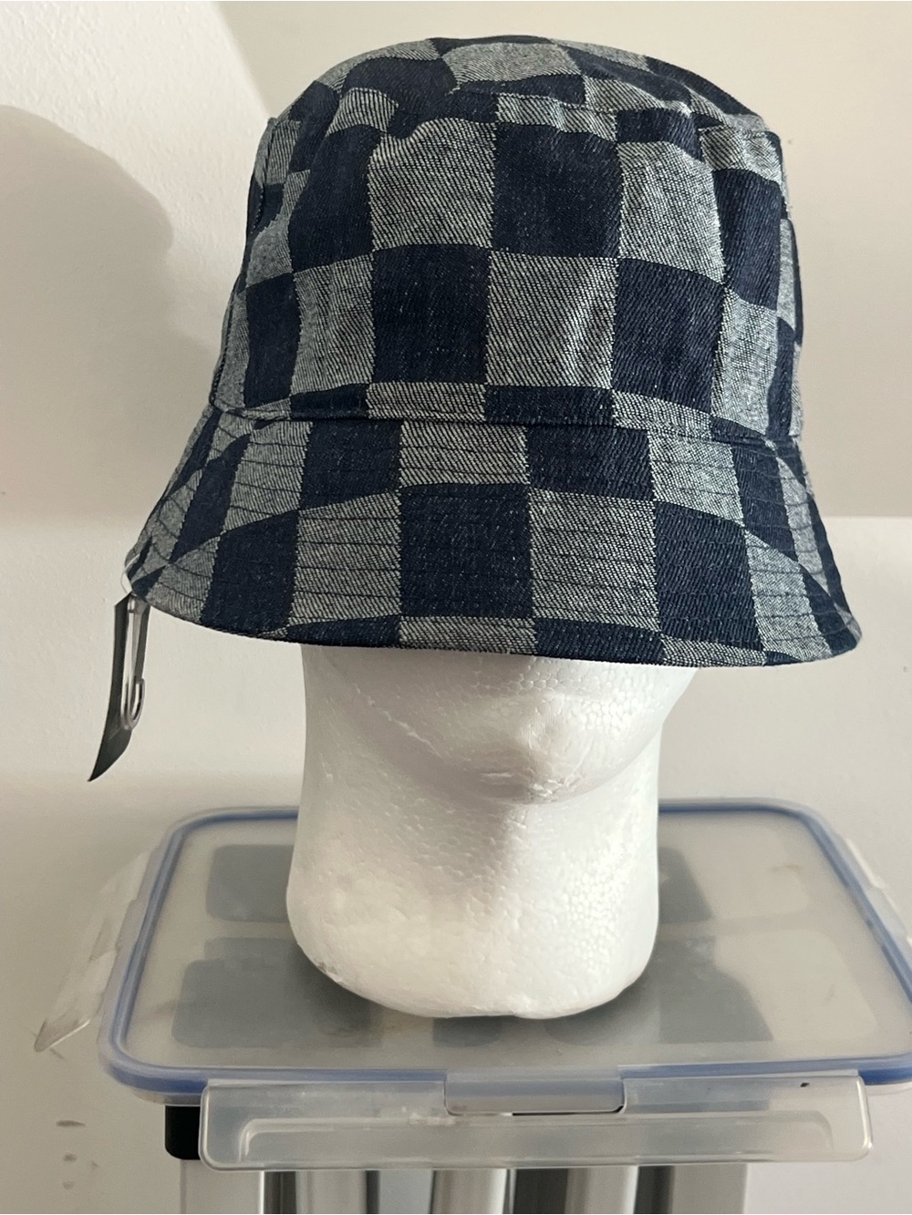 Checkered Denim Bucket Hat - Navy and Light Blue